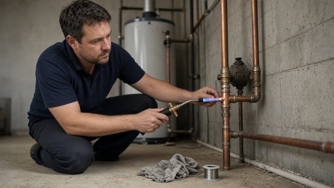 Plumber soldering a copper pipe joint