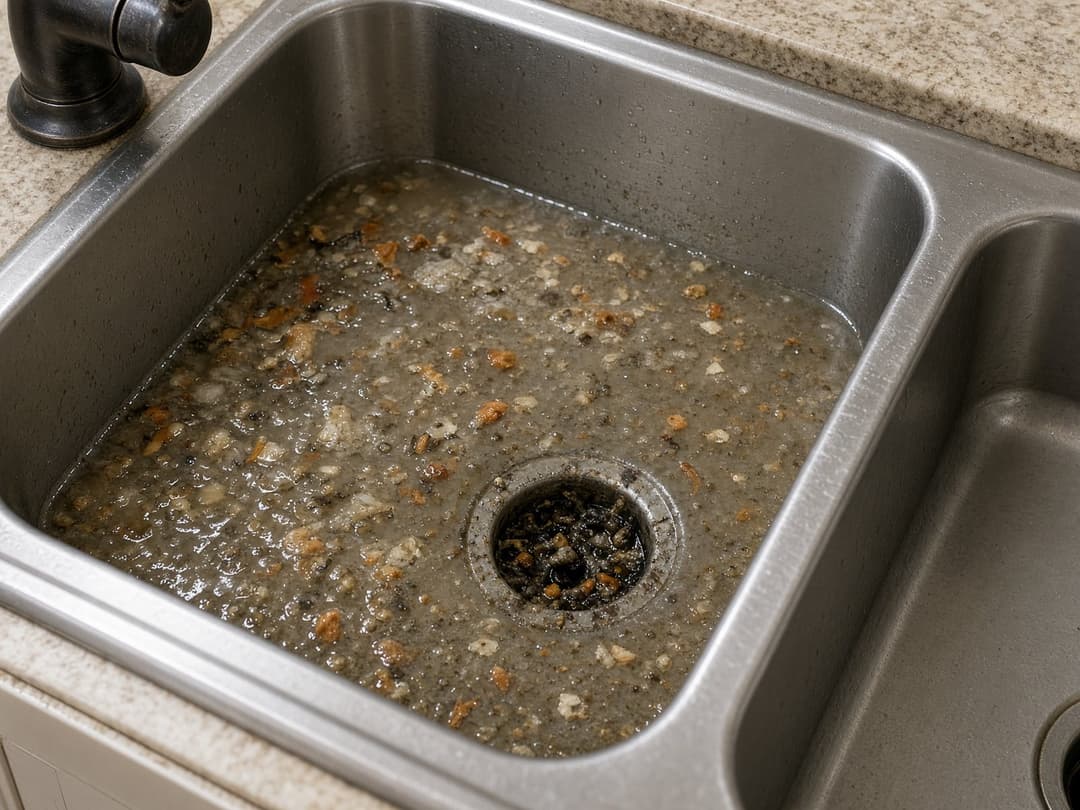 Clogged kitchen sink with standing water