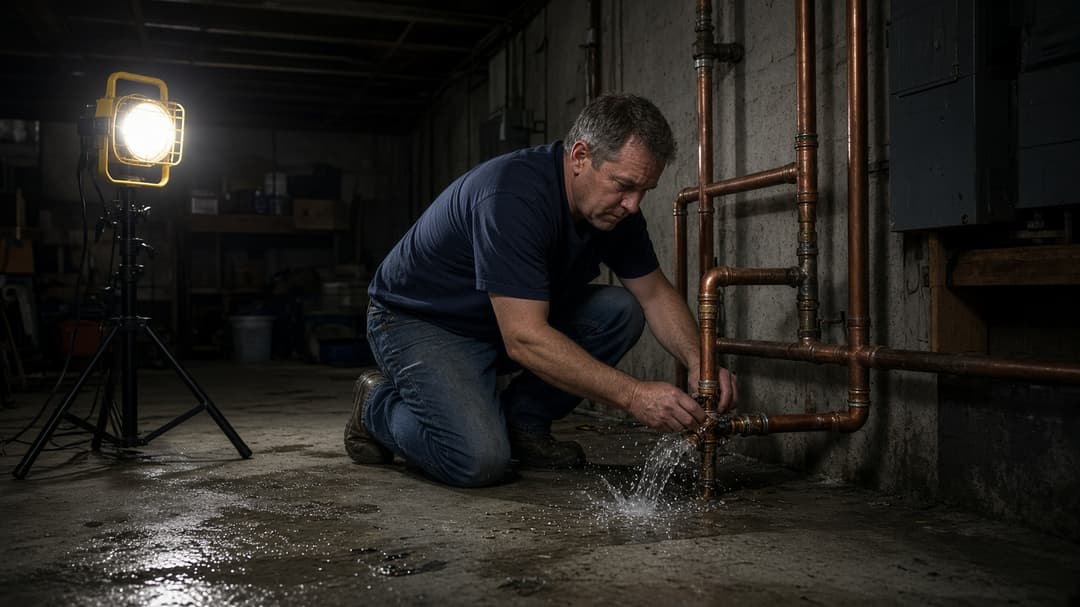 Plumber shutting a leaking copper line in a basement at night